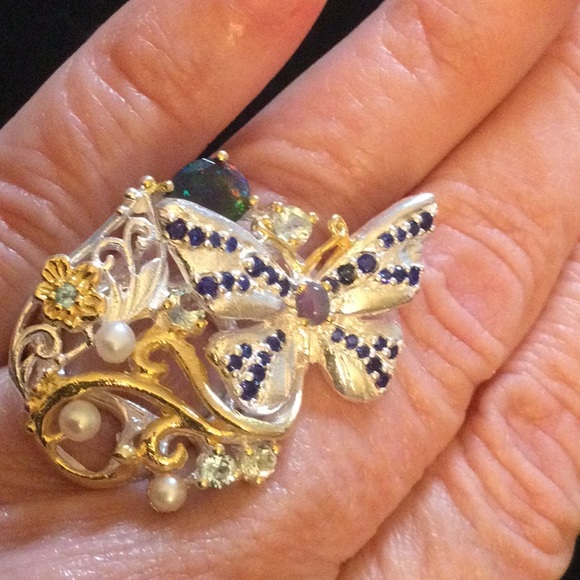 Breathtaking Genuine Sapphire, Black Opals Ring - Picture 6 of 14